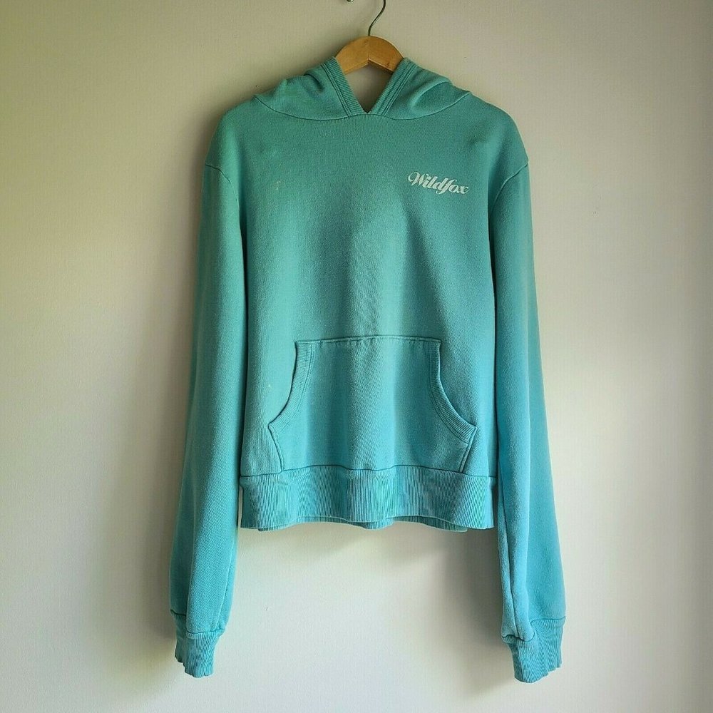 WILDFOX Aqua Blue Logo Hoodie - L BLEACHED